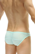 Light blue stretchy petitq bikini briefs with ruched back design in plum sky blue color