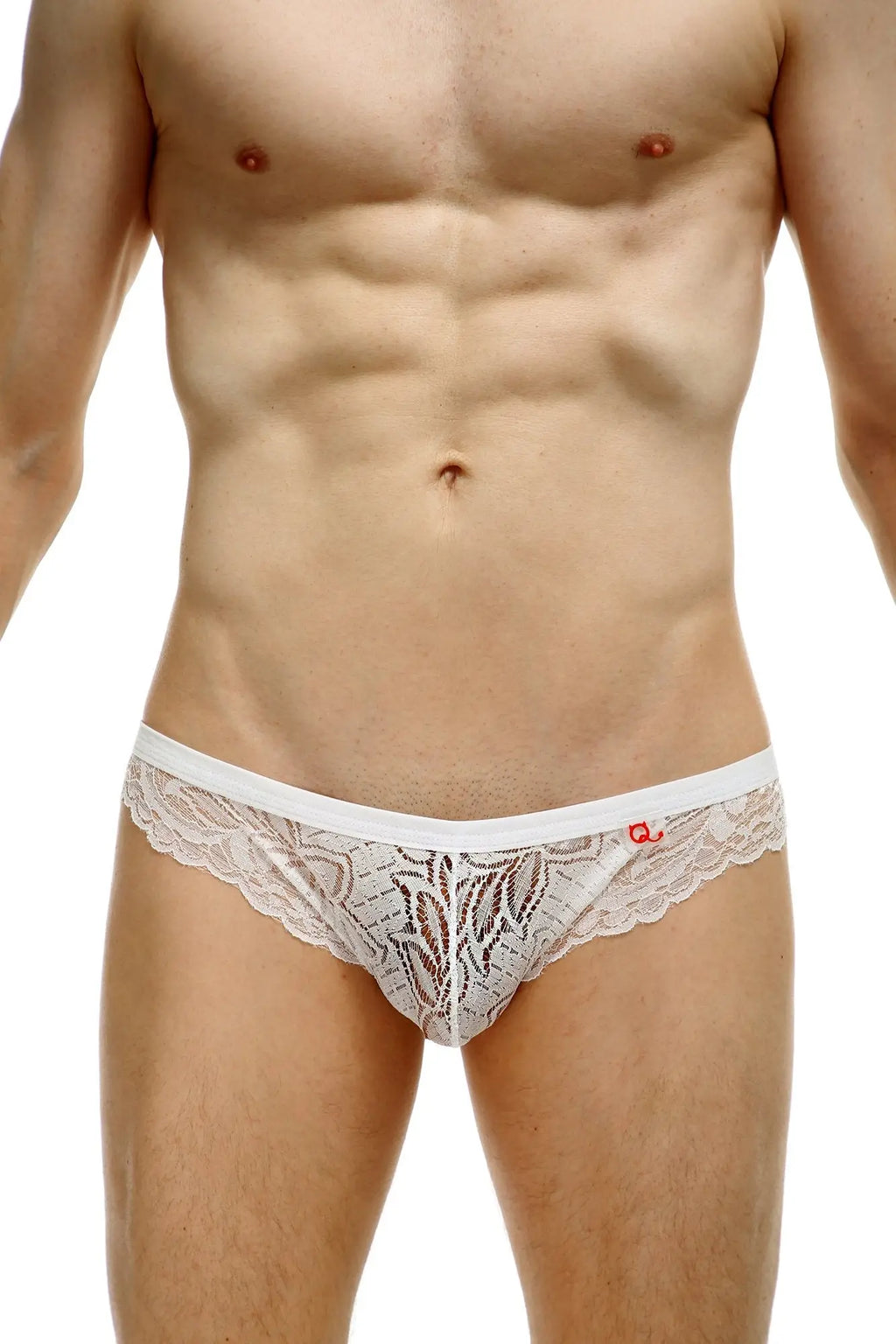 Petitq bikini tregunc lace white men’s briefs featuring delicate white floral lace and a subtle red logo waistband