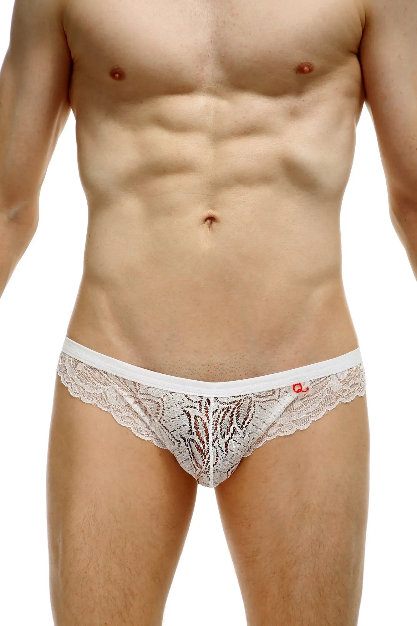 Petitq bikini tregunc lace white men’s briefs featuring delicate white floral lace and a subtle red logo waistband