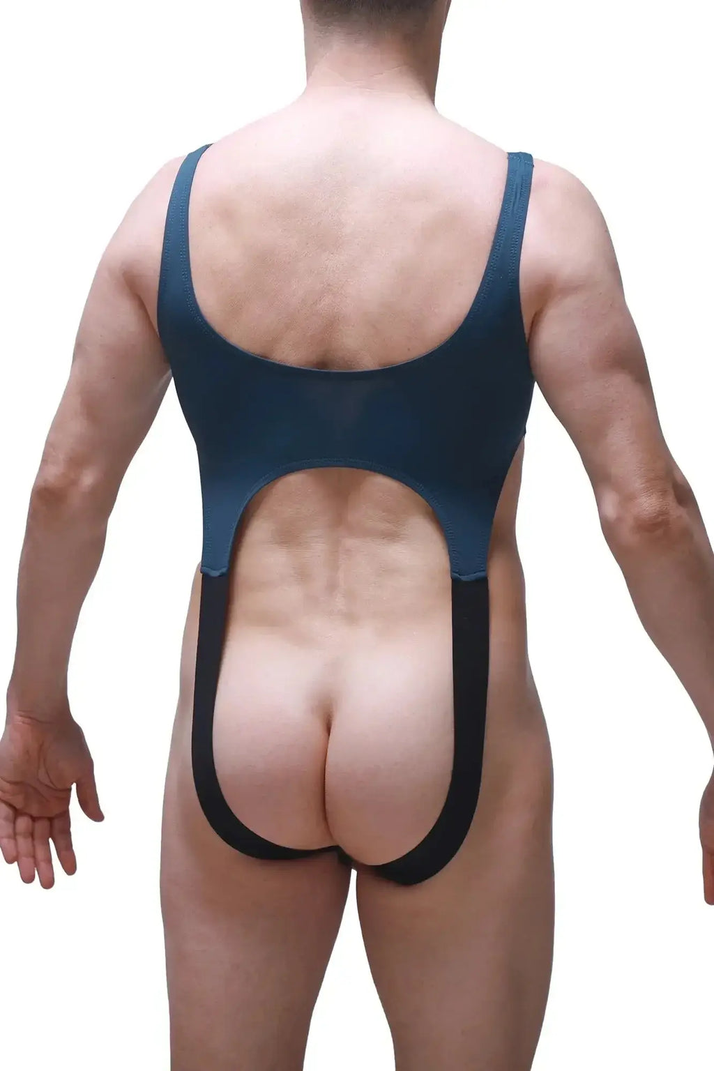 Back view of petitq body amance prussian blue dark blue one-piece swimsuit with black trim and large back cutout