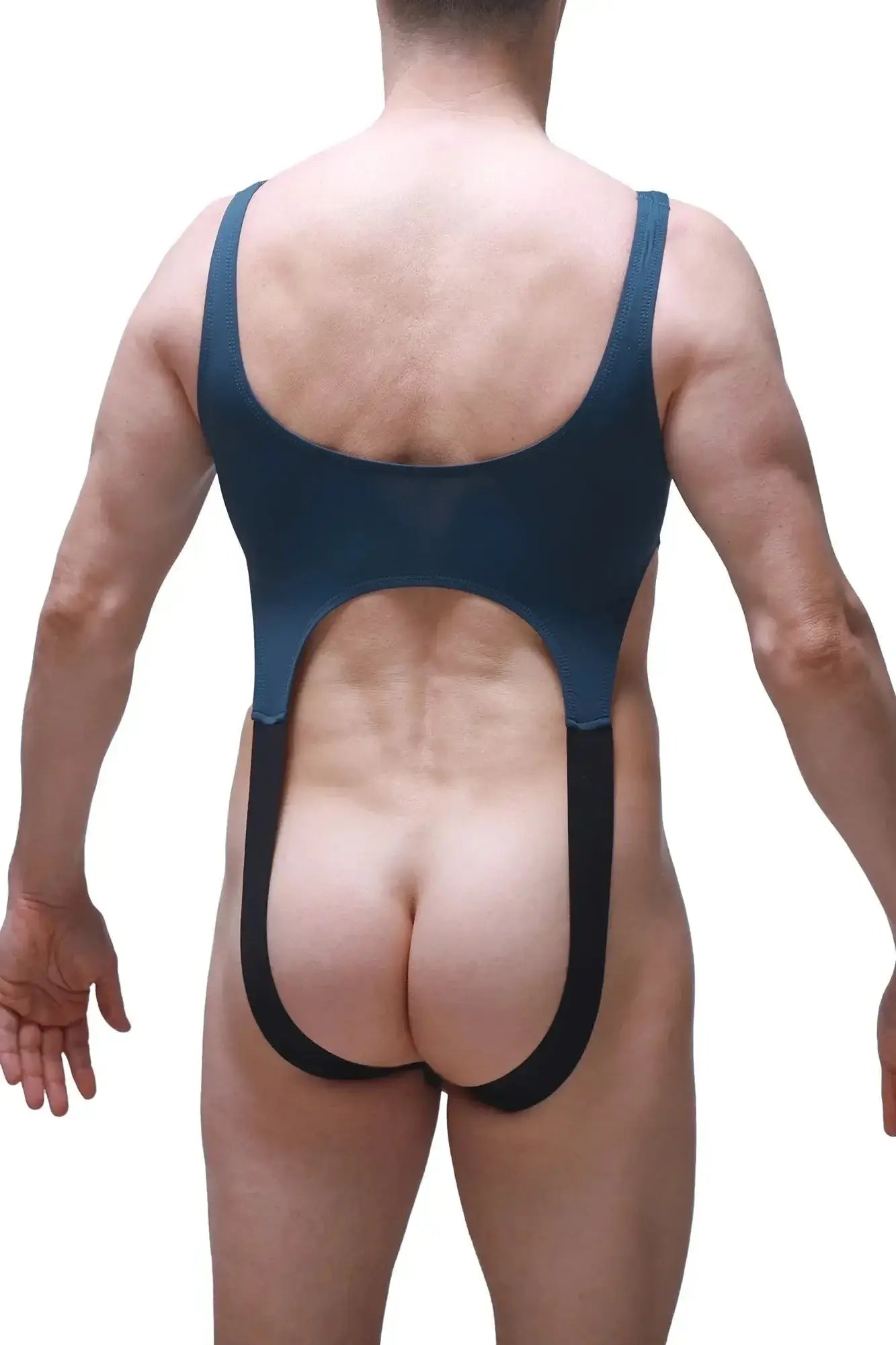 Back view of petitq body amance prussian blue dark blue one-piece swimsuit with black trim and large back cutout