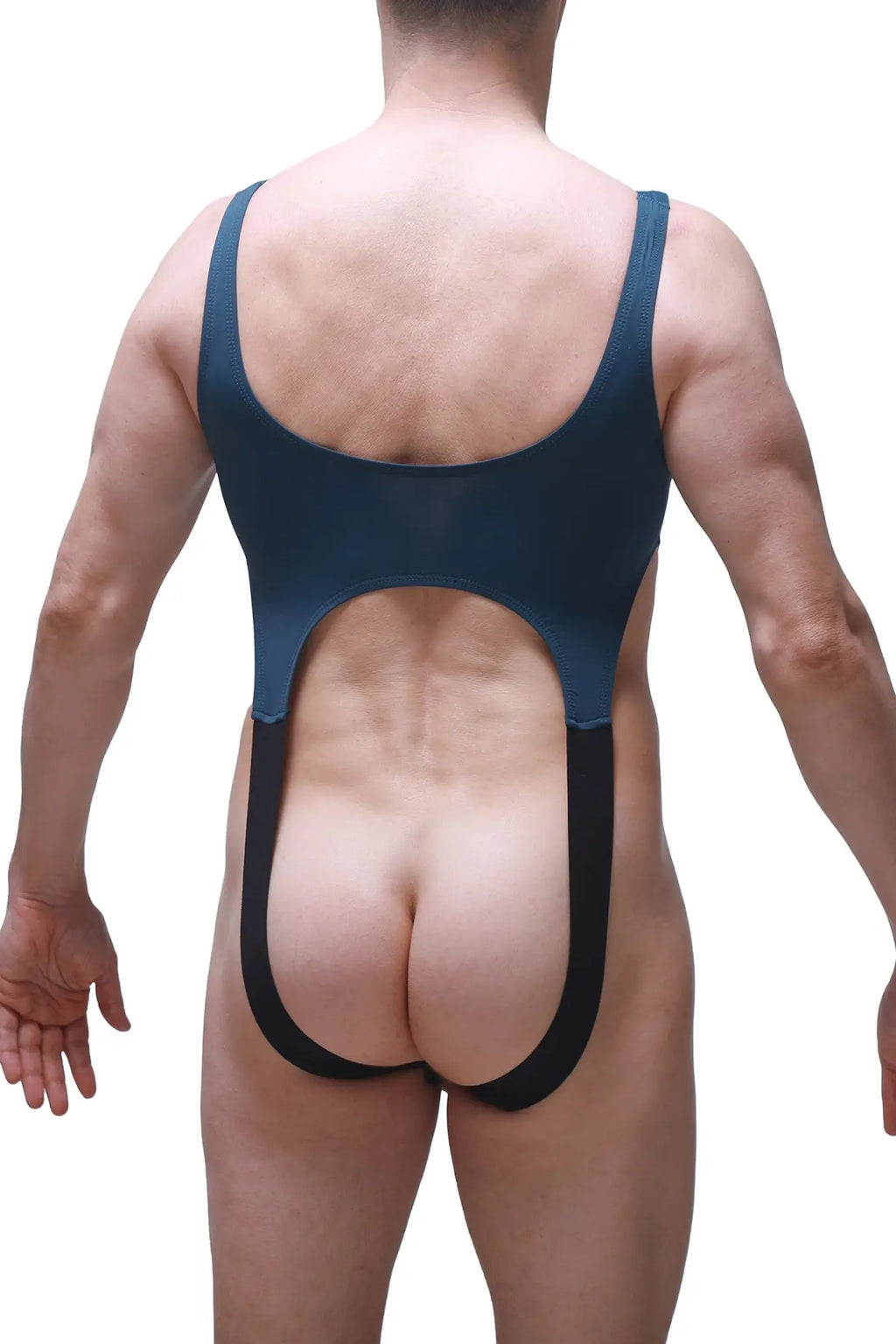 Back view of petitq body amance prussian blue dark blue one-piece swimsuit with black trim and large back cutout