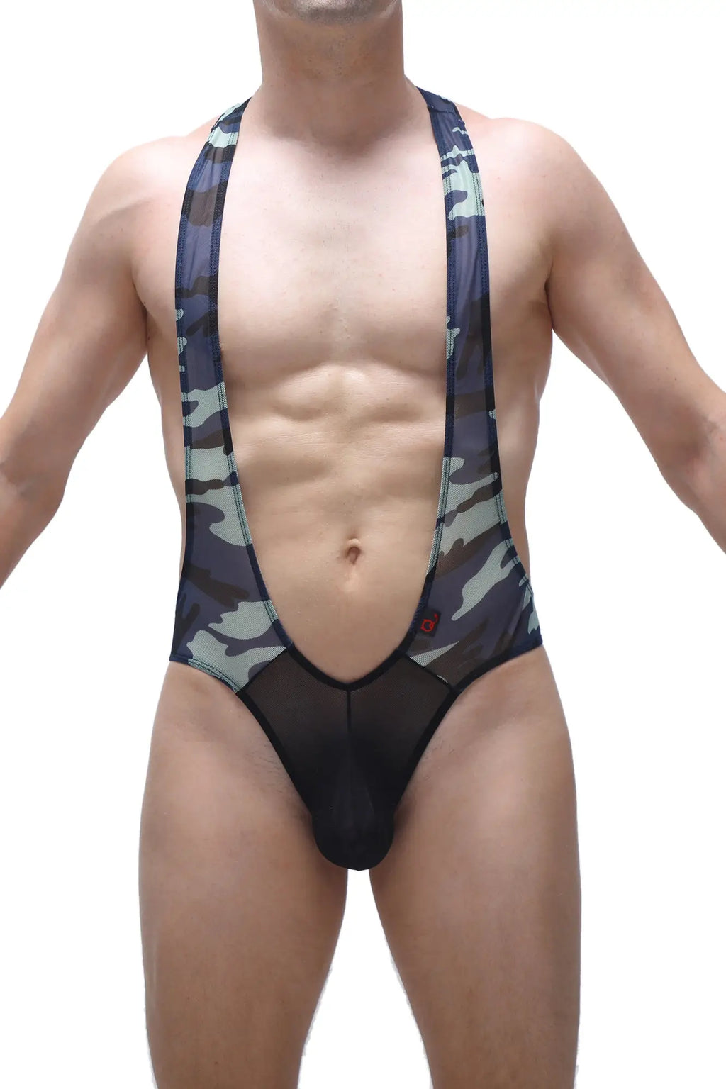 Black and gray camouflage men’s suspendersuit with sheer mesh front panel petitq body ambel camo net