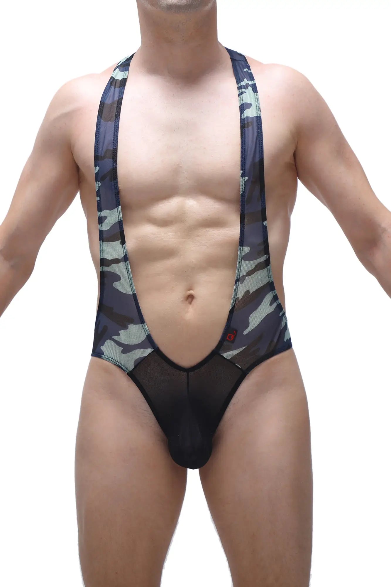 Black and gray camouflage men’s suspendersuit with sheer mesh front panel petitq body ambel camo net