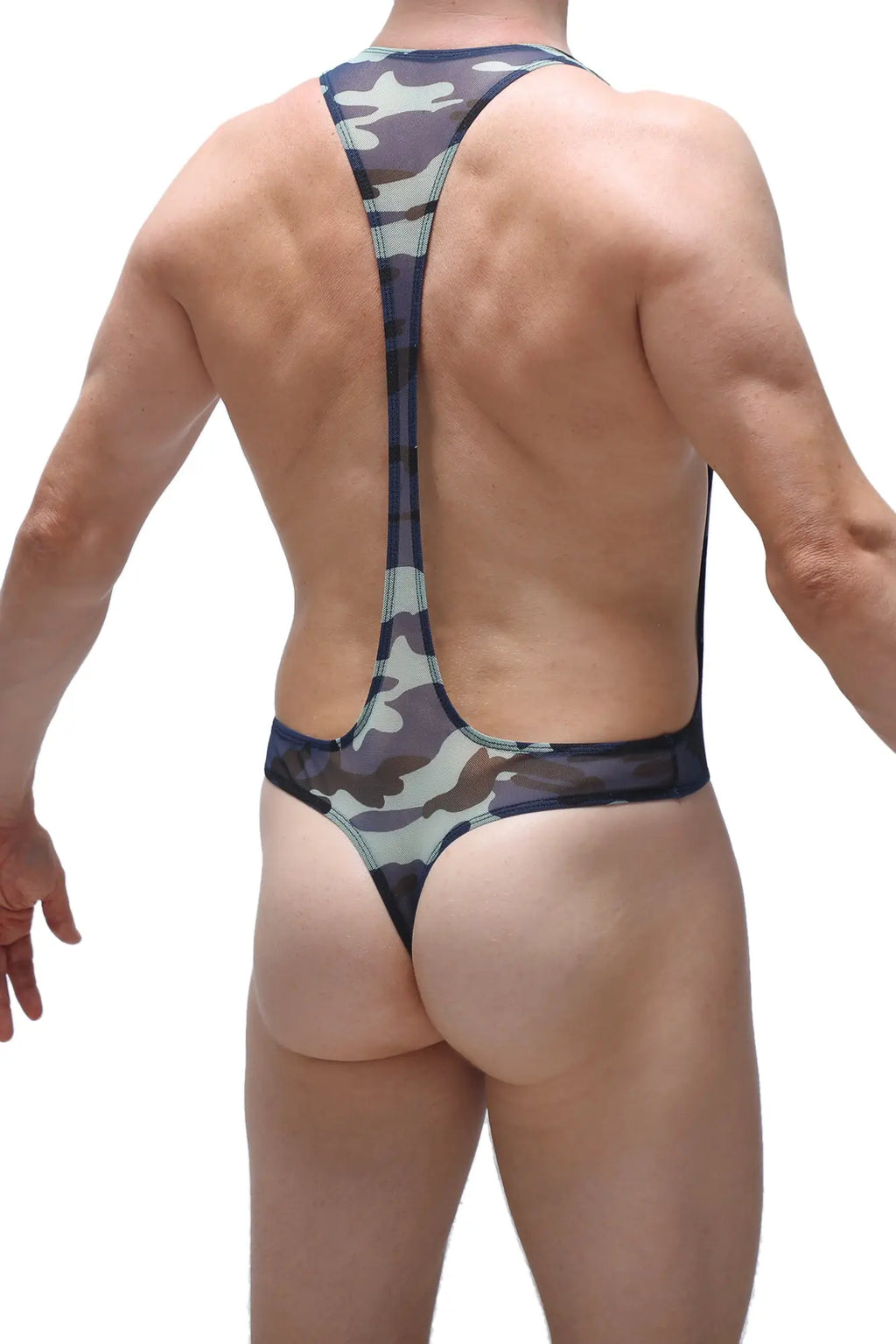 Petitq body ambel camo net camouflage one-piece swimsuit with racerback design and thin straps shown from the back side