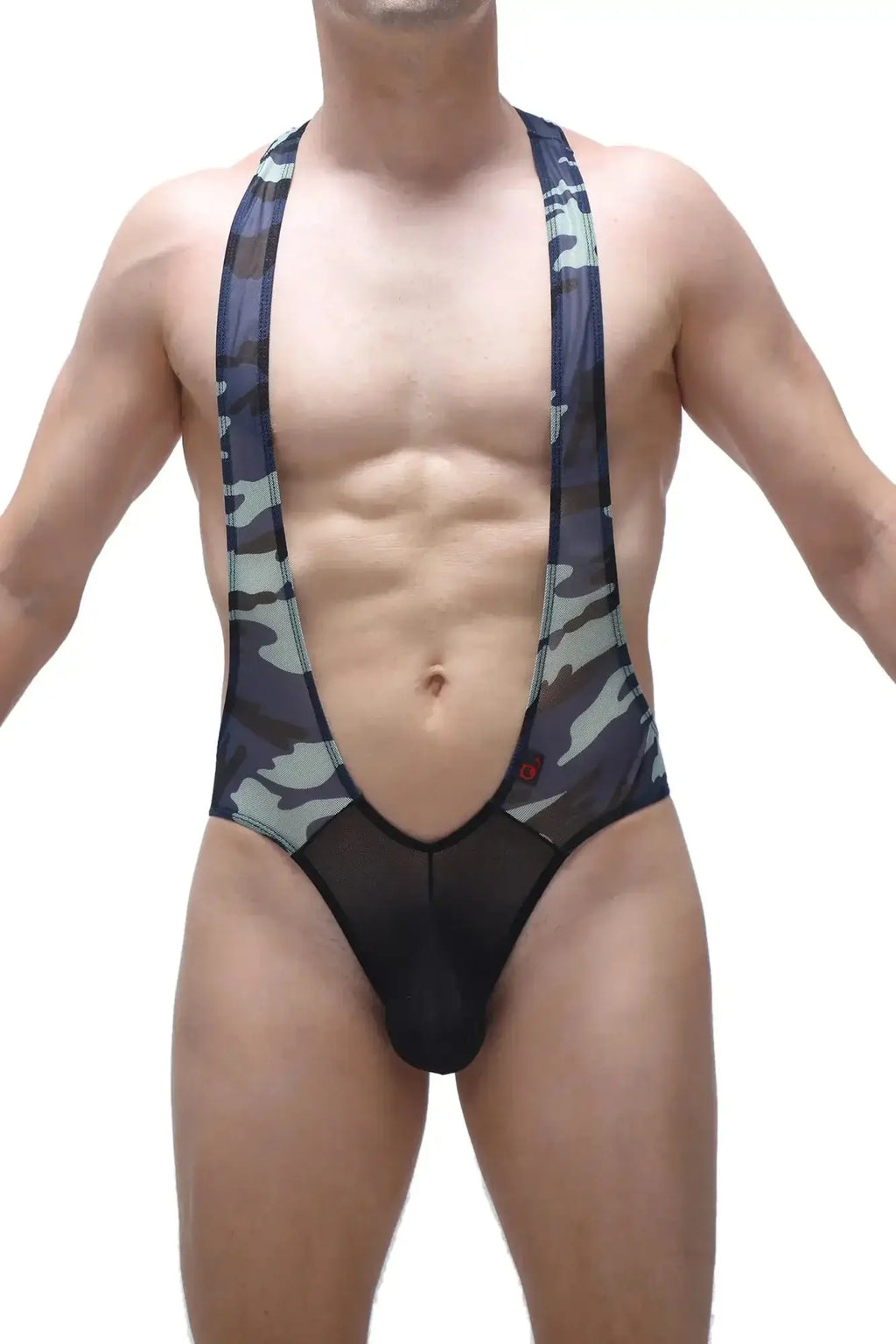 Black and gray camouflage men’s suspendersuit with sheer mesh front panel petitq body ambel camo net