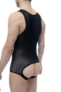 Back view of petitq body jockstrap net black sheer mesh bodysuit with cutout detail made from black net fabric
