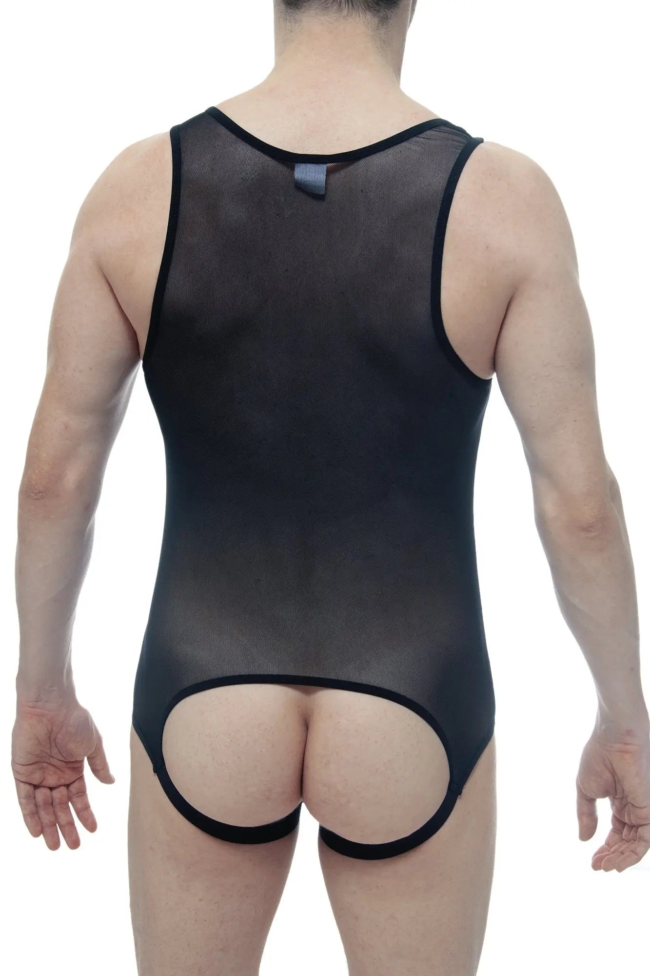 Back view of petitq body jockstrap net black sheer mesh one-piece with black trim and cutout detail