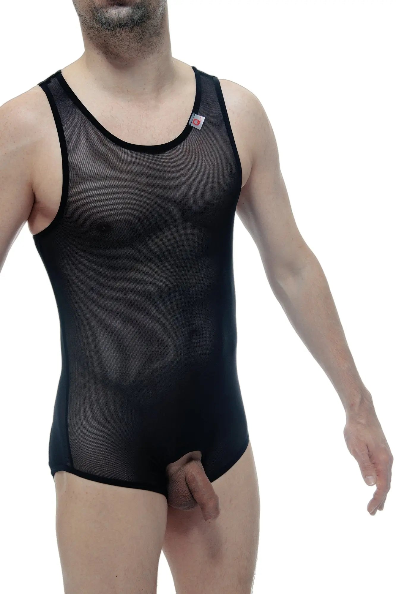 Petitq body jockstrap net black sheer mesh tank top with black trim and small red logo on upper left side