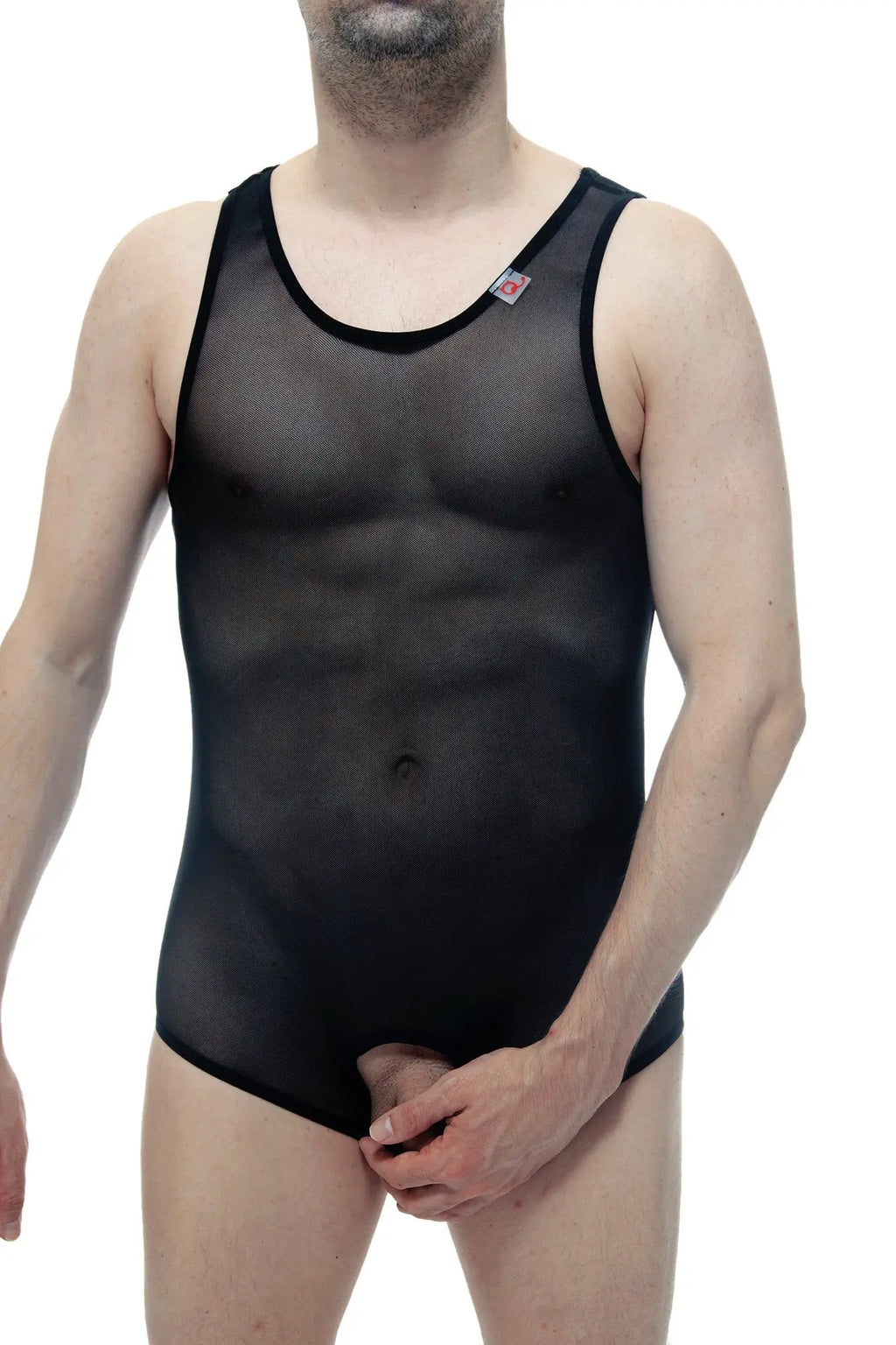 Black sheer mesh tank top with black trim featured in petitq body jockstrap net black product