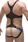Black sheer mesh bodysuit with bold black trim and petit branding on the waistband from petitq body jockstrap oze net black