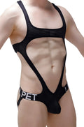 Black mesh one-piece swimsuit with cutout design and pet branding on waistband petitq body jockstring Oze Durtol black