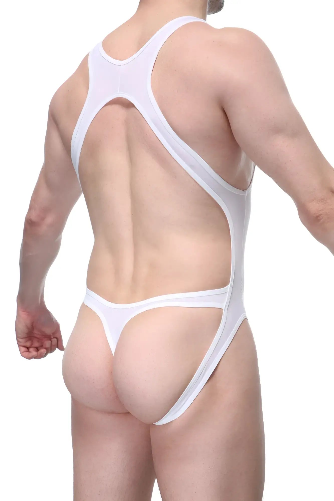 White petitq body jockstring perruel plum one-piece swimsuit with cutout back and thong-style bottom shown from back