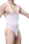 White sheer one-piece swimsuit with thin straps and deep v-neckline from petitq body jockstring perruel plum white collection