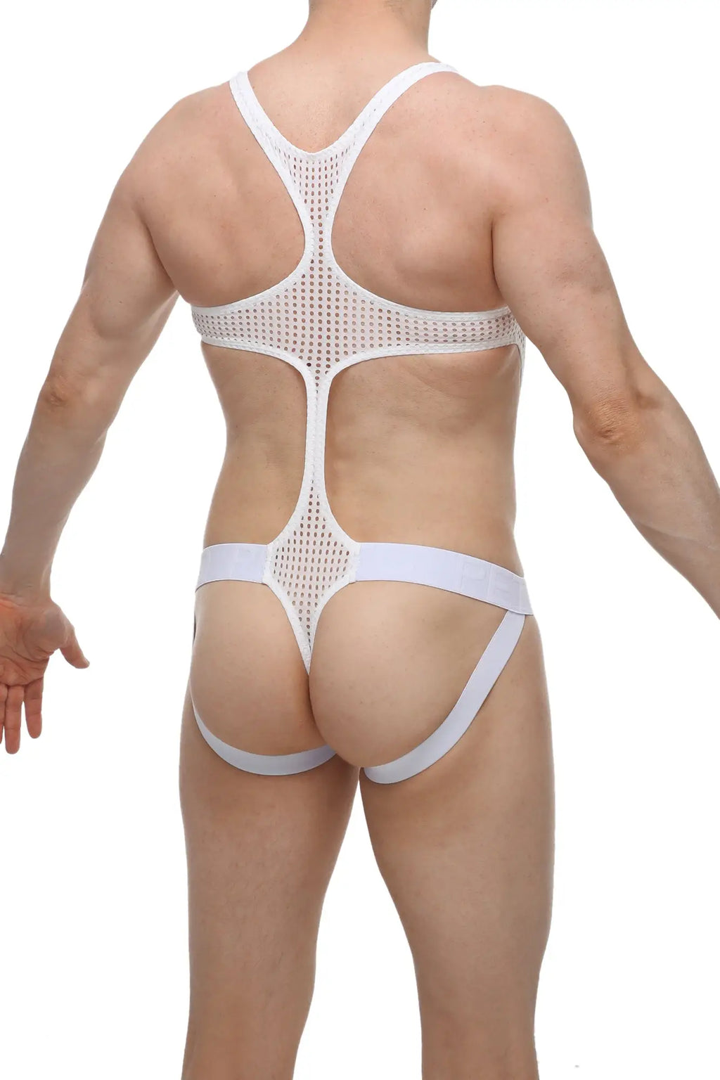 Back side of petitq body jockthong oze durtol white white mesh athletic brief with cutout back and wide elastic waistband