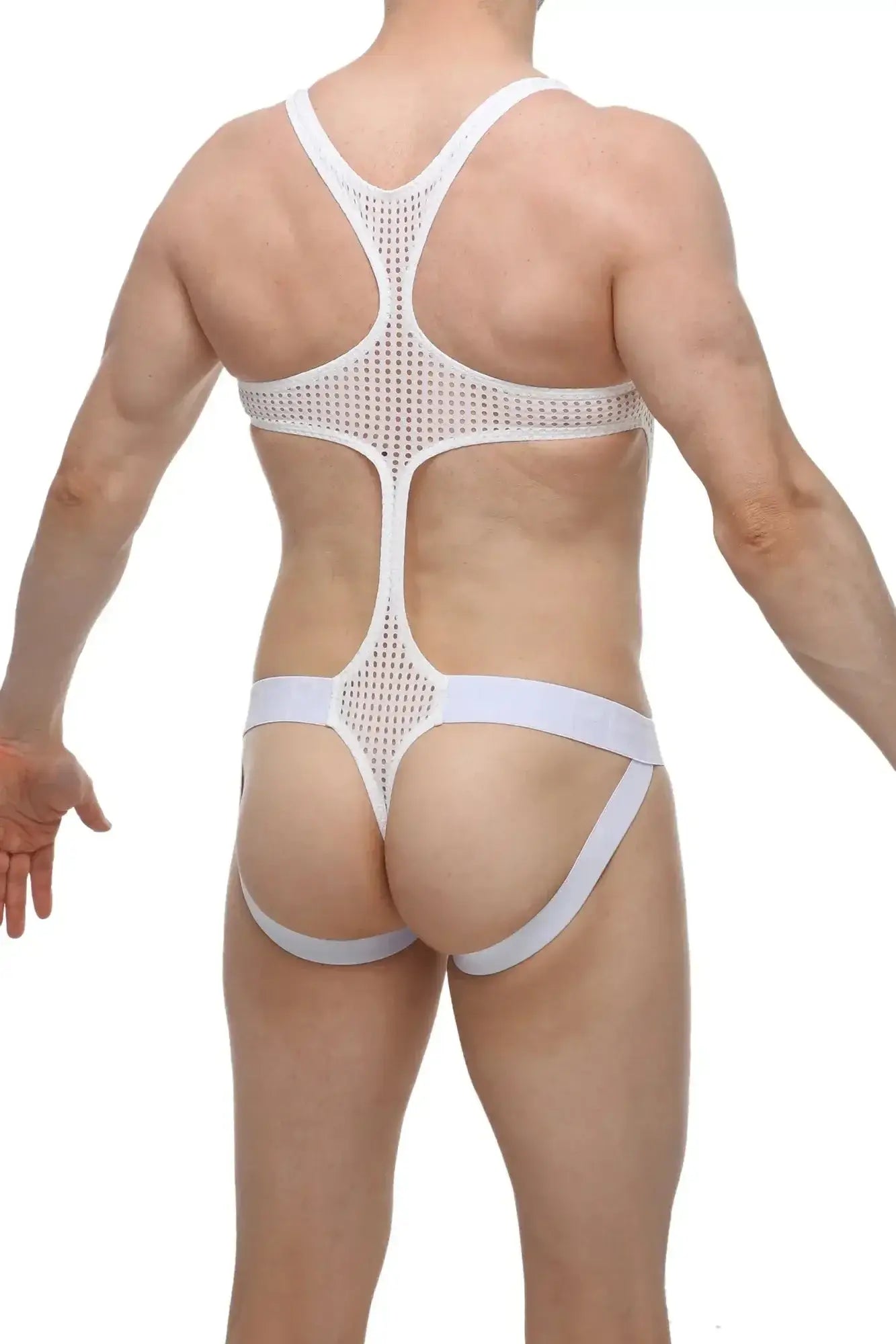 Back side of petitq body jockthong oze durtol white white mesh athletic brief with cutout back and wide elastic waistband