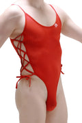 Red mesh one-piece swimsuit with lace-up sides and ties from petitQ body lacets bee red collection