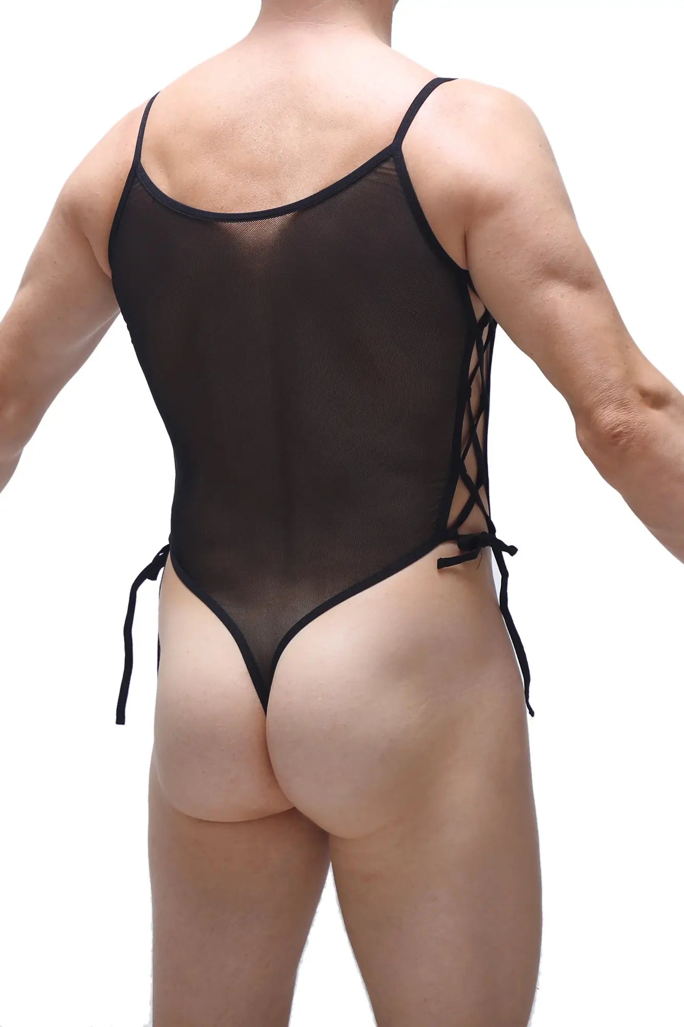 Petitq body lacets net black mesh one-piece swimsuit with thin straps and side ties in black