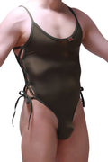 Olive green one-piece swimsuit petitq body lacets plum olive with lace-up side ties and red chest logo