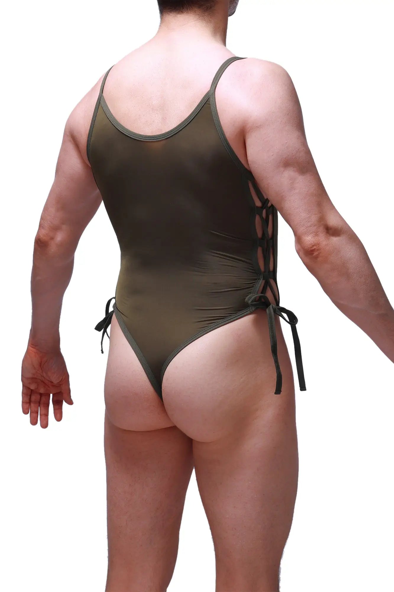 Olive green one-piece swimsuit with thin straps and side ties petitq body lacets plum olive design