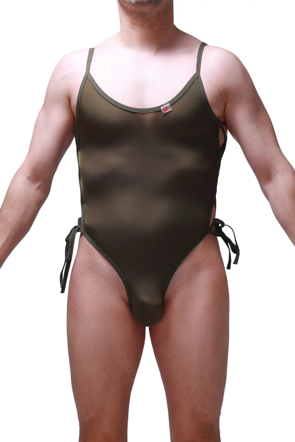 Olive green sheer one-piece swimsuit with thin straps and side ties from petitq body lacets plum olive collection
