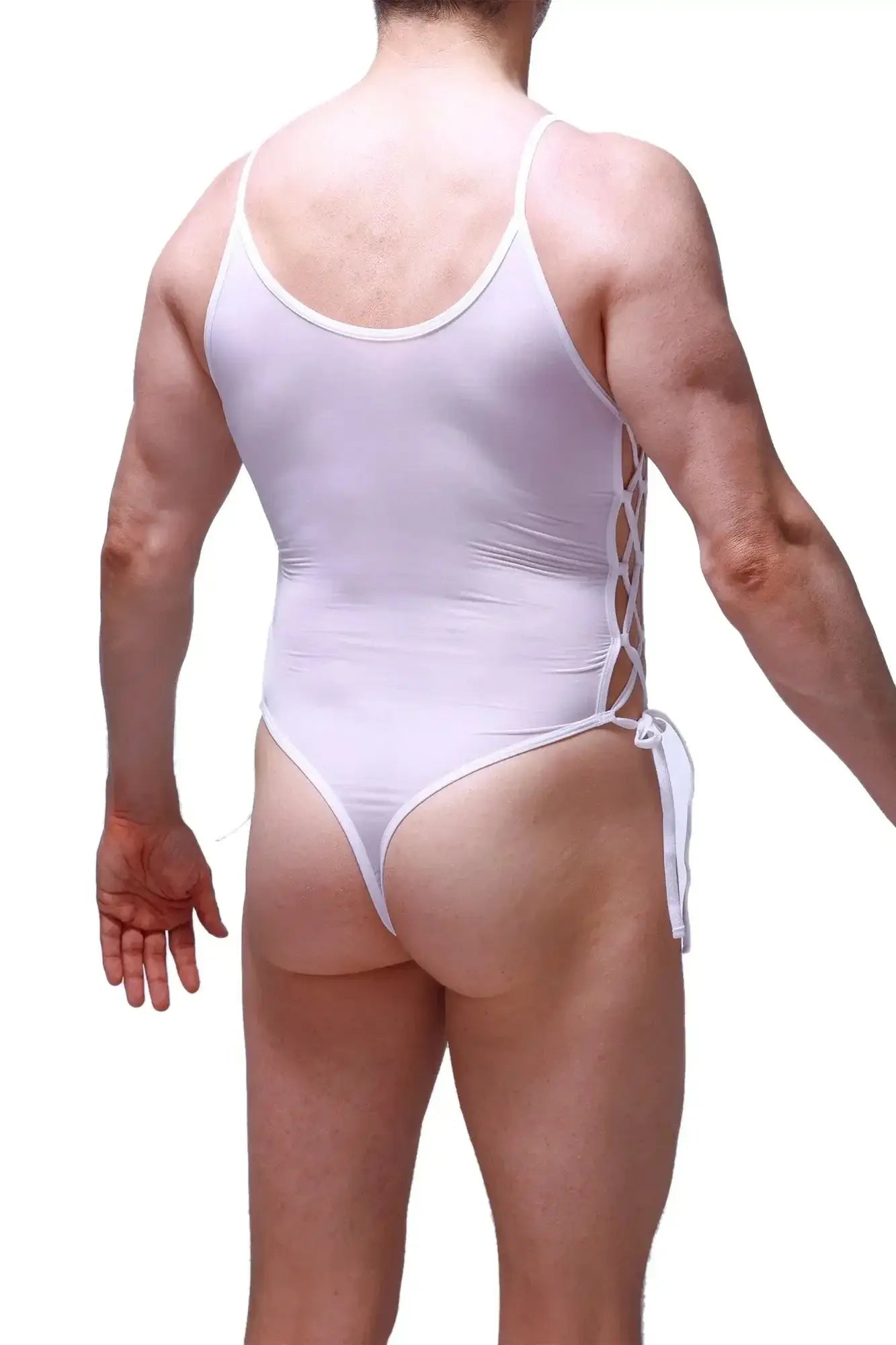 White one-piece swimsuit by petitq with thin straps and lace-up back detail in plum white color