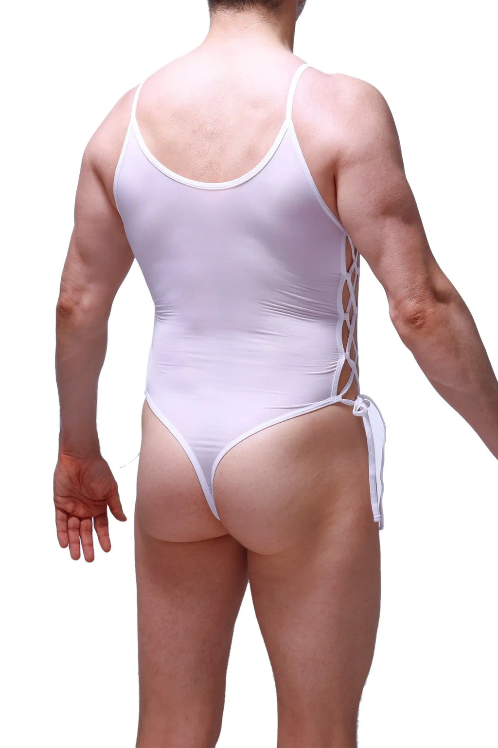 White one-piece swimsuit by petitq with thin straps and lace-up back detail in plum white color
