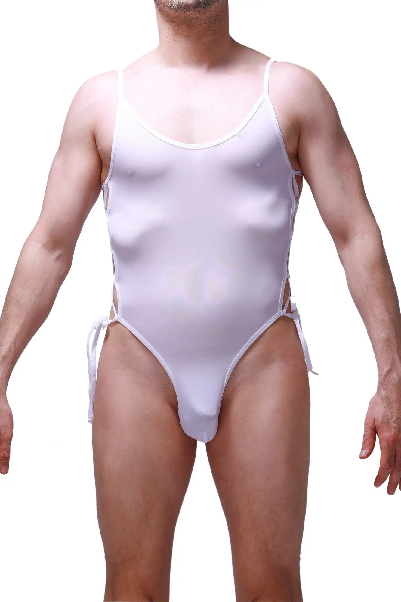 White sheer one-piece swimsuit petitq body lacets plum with thin straps and side ties