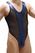 PetitQ body nescher satin navy blue mesh and solid fabric one-piece swimsuit with black trim front view