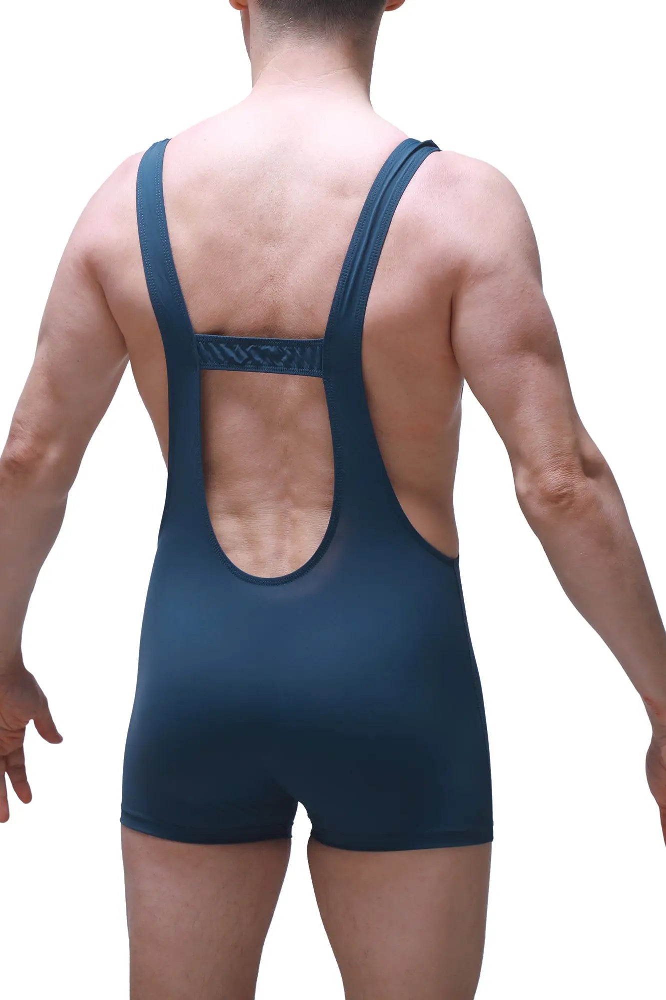 Dark blue petitq bodyboxer aunou athletic singlet with wide shoulder straps and patterned back panel shown from the back