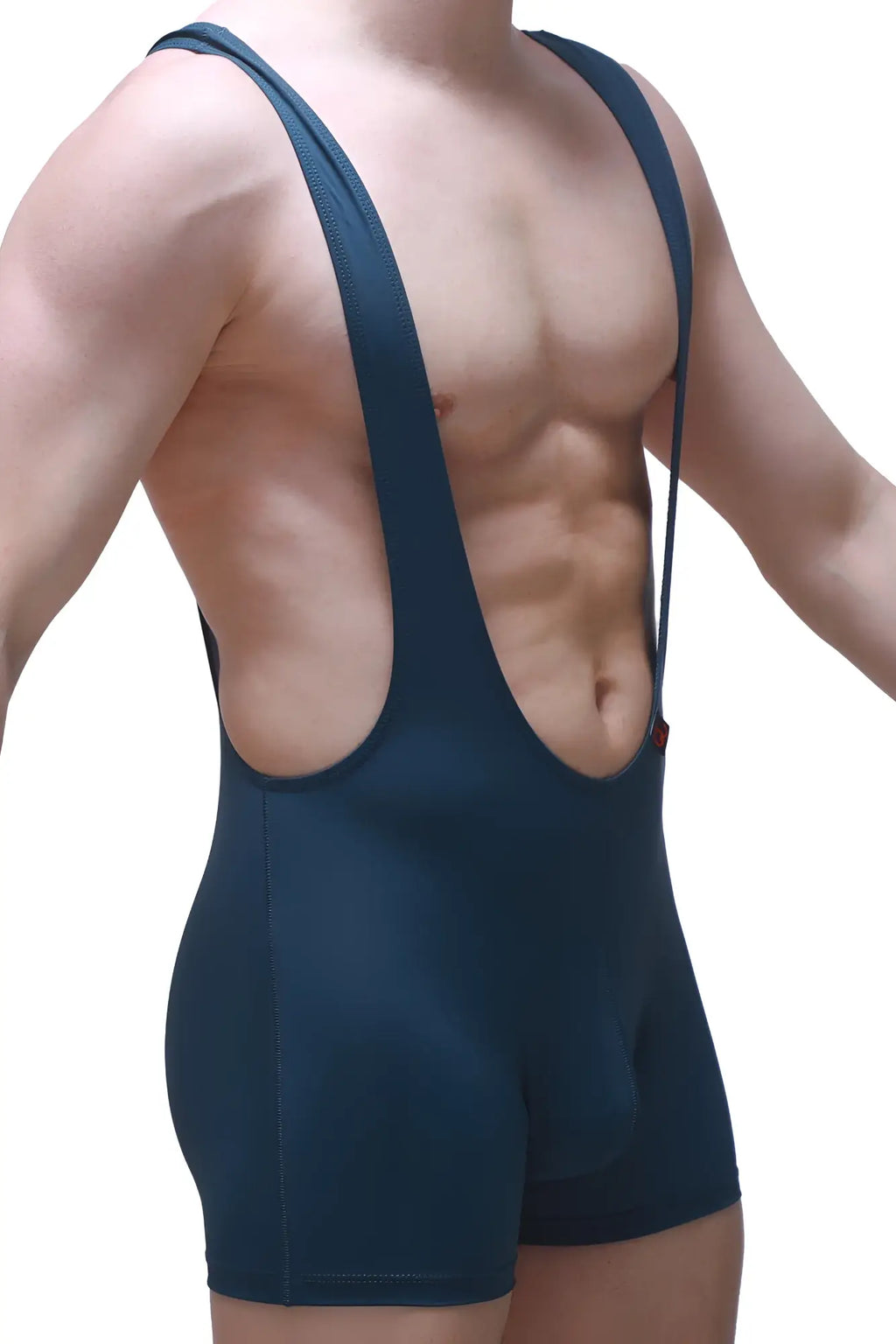 Dark blue form-fitting wrestling singlet with wide shoulder straps and cutout design by petitq bodyboxer aunou blue