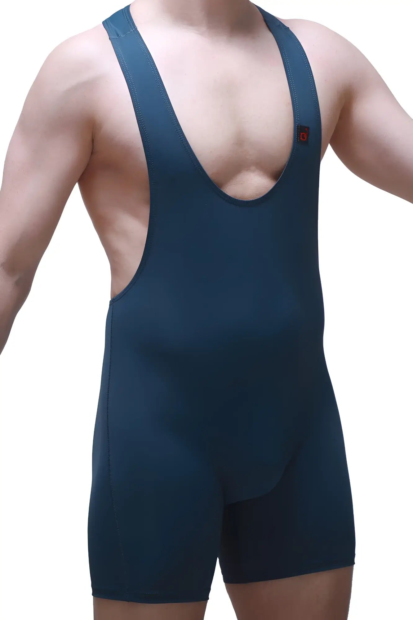 PetitQ Bodyboxer blue dark blue athletic singlet with deep v-neck shoulder straps and small red logo on chest