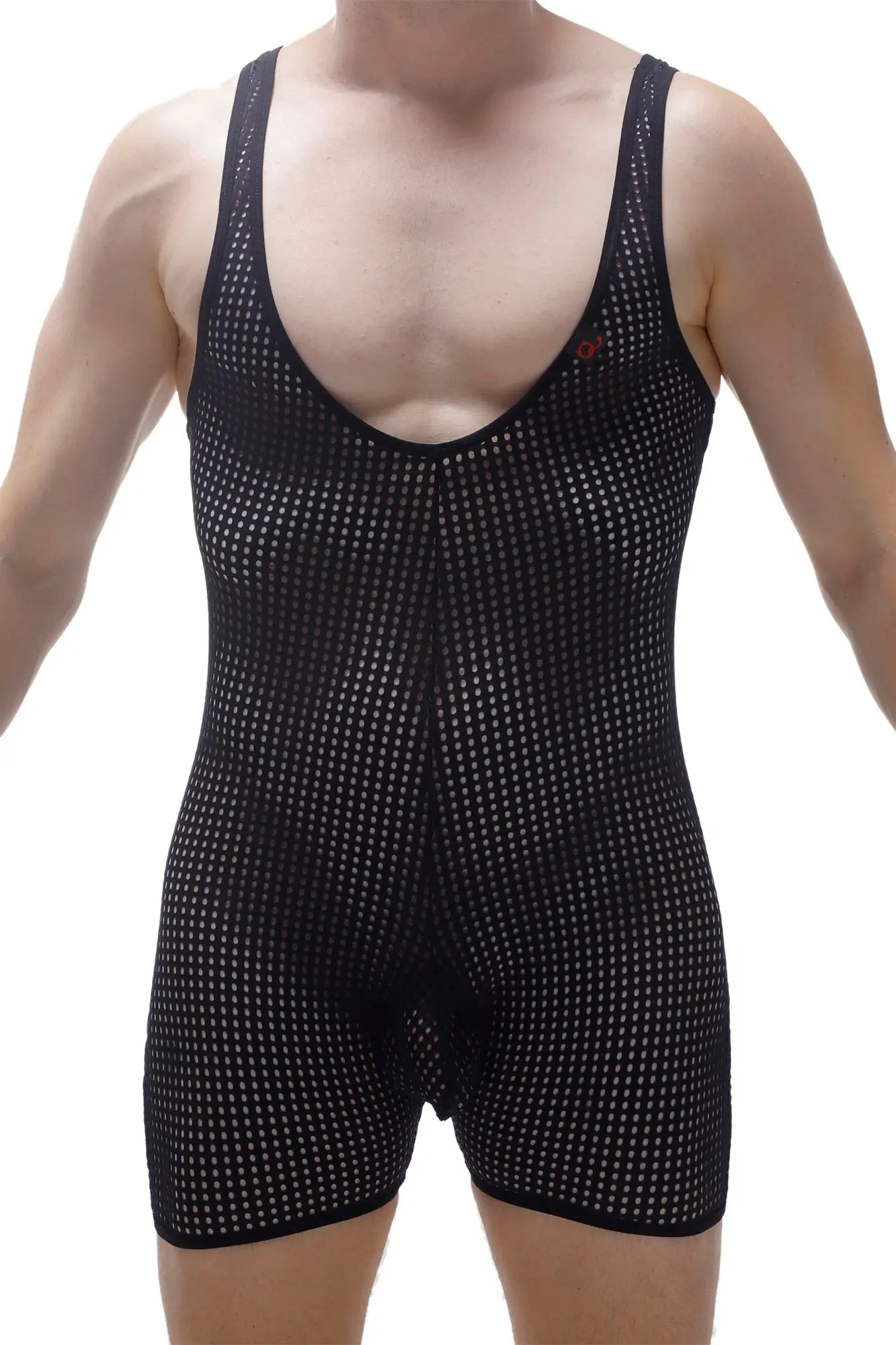 PetitQ Bodyboxer Durtol black mesh singlet with tight fit and subtle white dot pattern for active wear