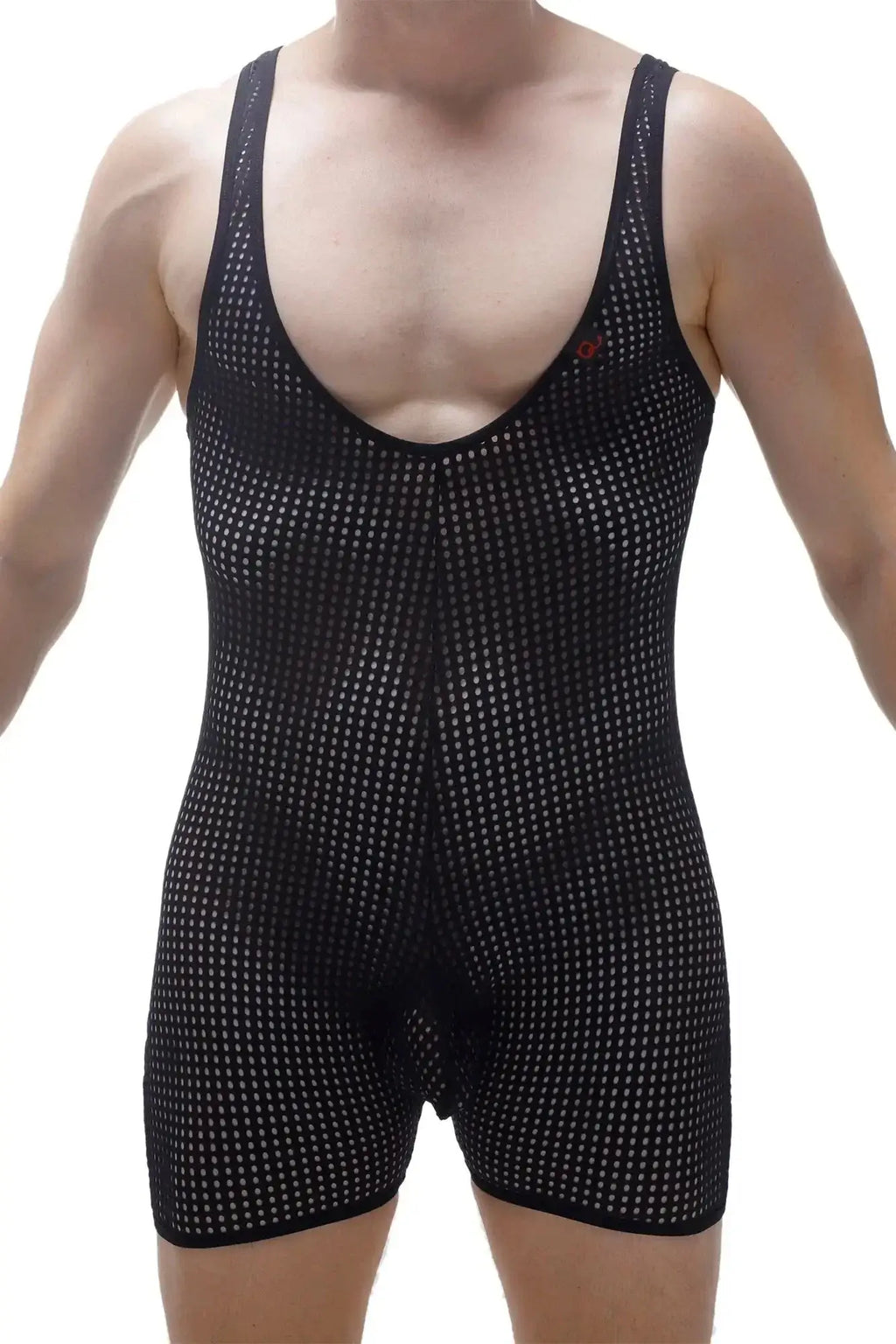 PetitQ Bodyboxer Durtol black mesh singlet with tight fit and subtle white dot pattern for active wear