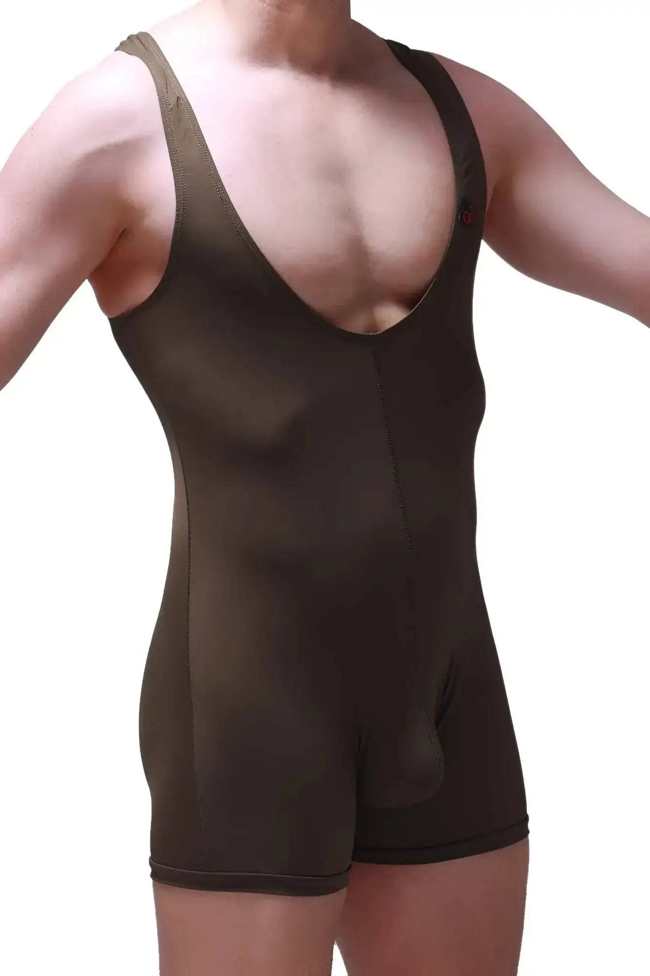 PetitQ Bodyboxer Malay olive black form-fitting compression bodysuit with deep v-neck and wide shoulder straps