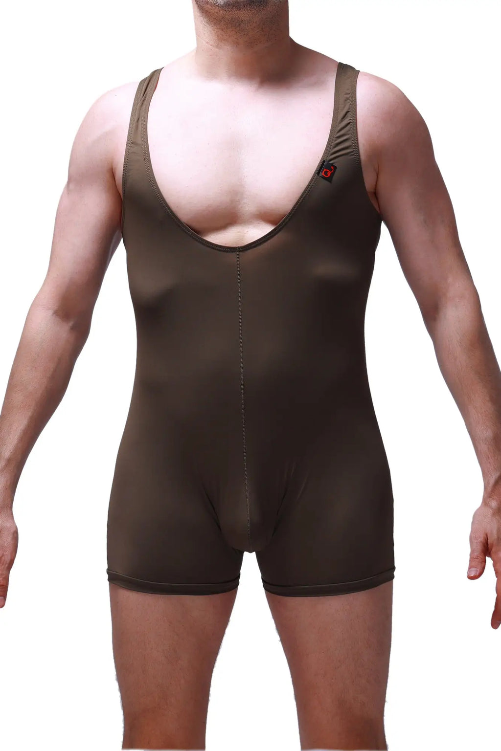 Brown form-fitting one-piece athletic wear with thin straps and deep scoop neckline petitq bodyboxer malay olive