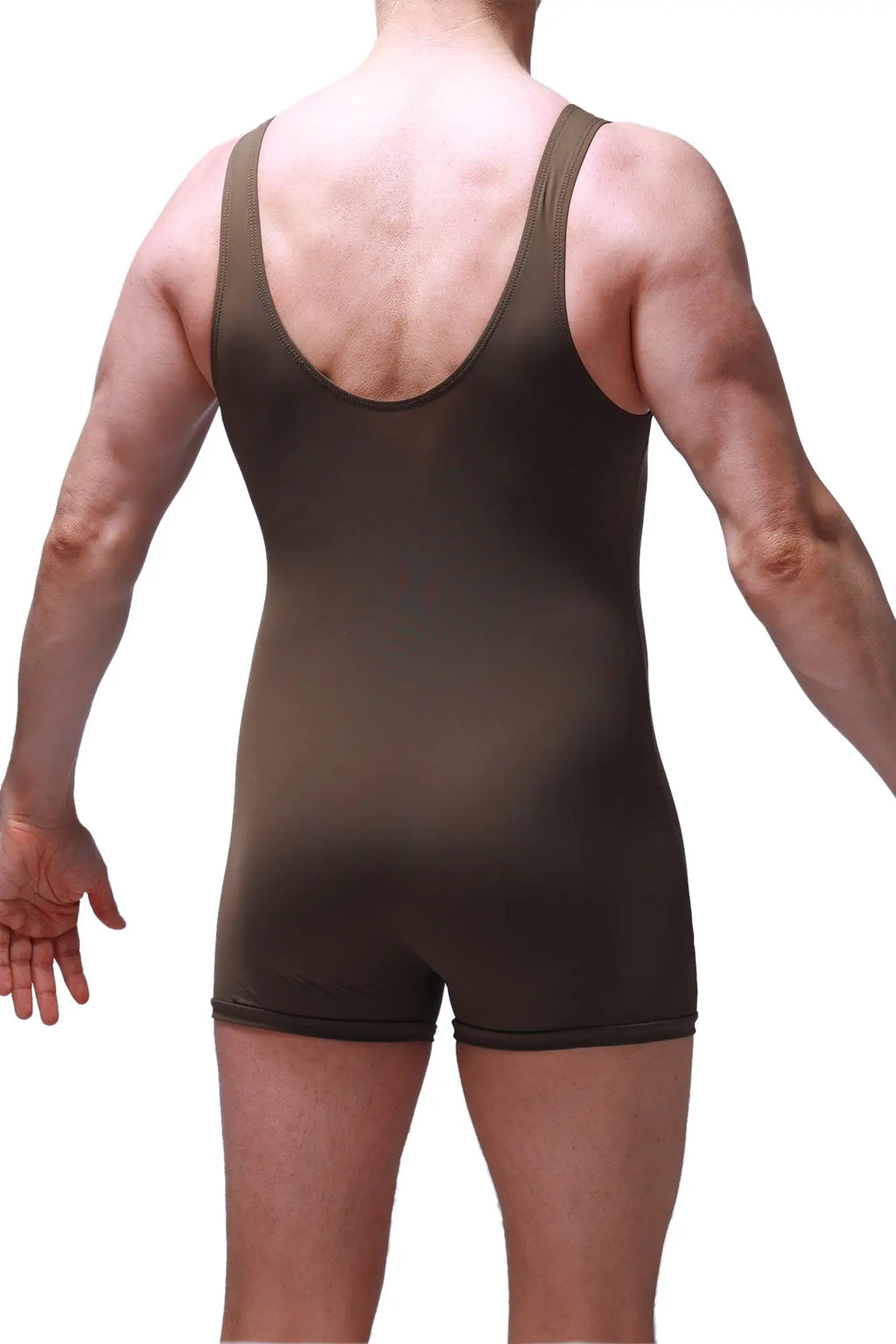 A sleek olive green petitq bodyboxer malay compression singlet with a deep scoop neckline and snug fit
