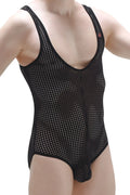 PetitQ Bodybrief Durtol black one-piece mesh bodysuit with deep v-neckline and thin shoulder straps