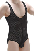 PetitQ Bodybrief Durtol black one-piece mesh bodysuit with deep v-neckline and thin shoulder straps