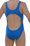 Bright blue petitq bodybrief nexon one-piece swimsuit showing back with circular cutout for stylish swimwear look
