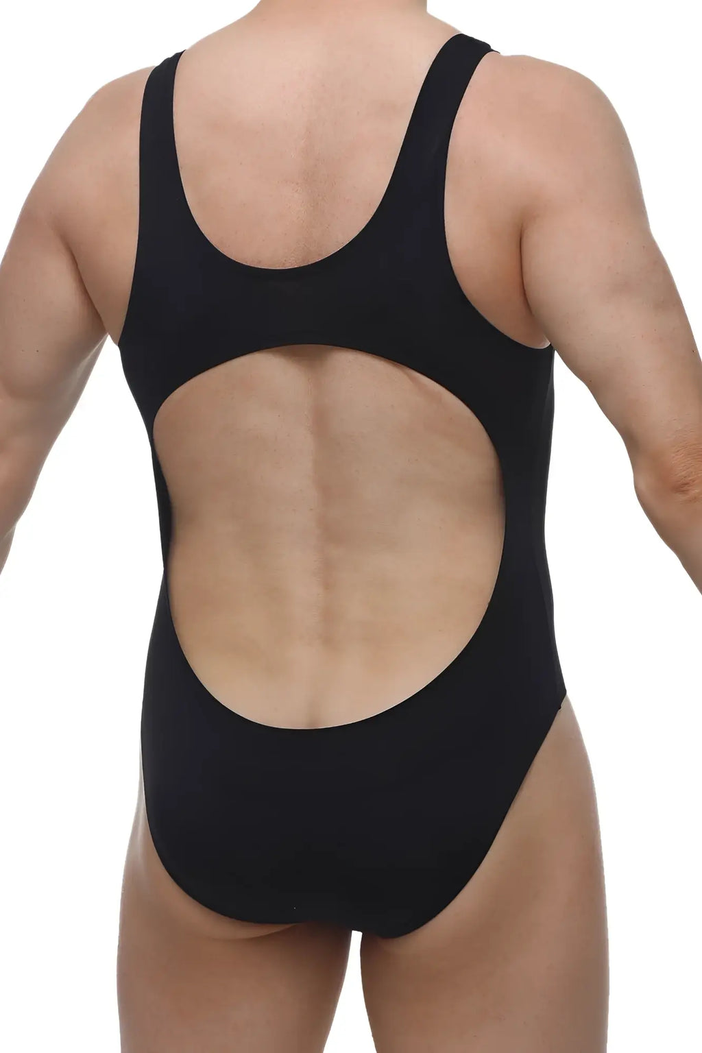 Back side of black petitq bodybrief open one-piece swimsuit with large circular cutout in the back