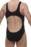 Back side of black petitq bodybrief open one-piece swimsuit with large circular cutout in the back
