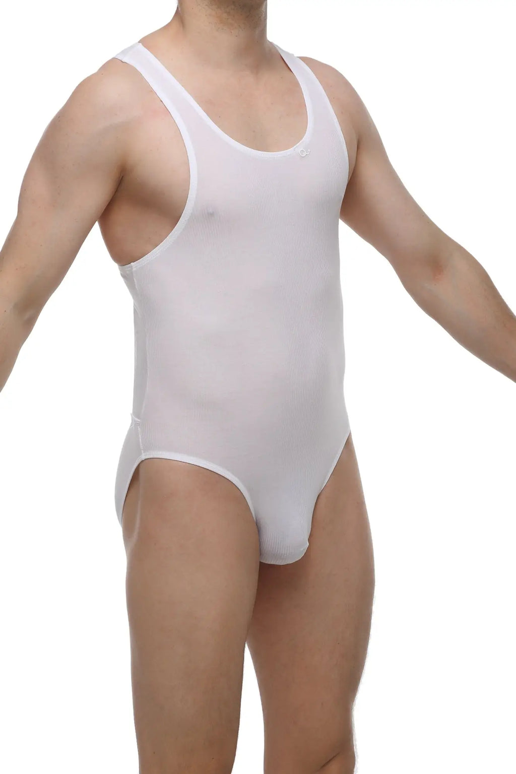 White form-fitting one-piece swimsuit with scoop neckline and wide straps from PetitQ bodybrief rib open white collection