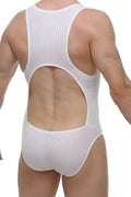 White ribbed mesh one-piece swimsuit with large back cutout shown from the back petitq bodybrief rib open white