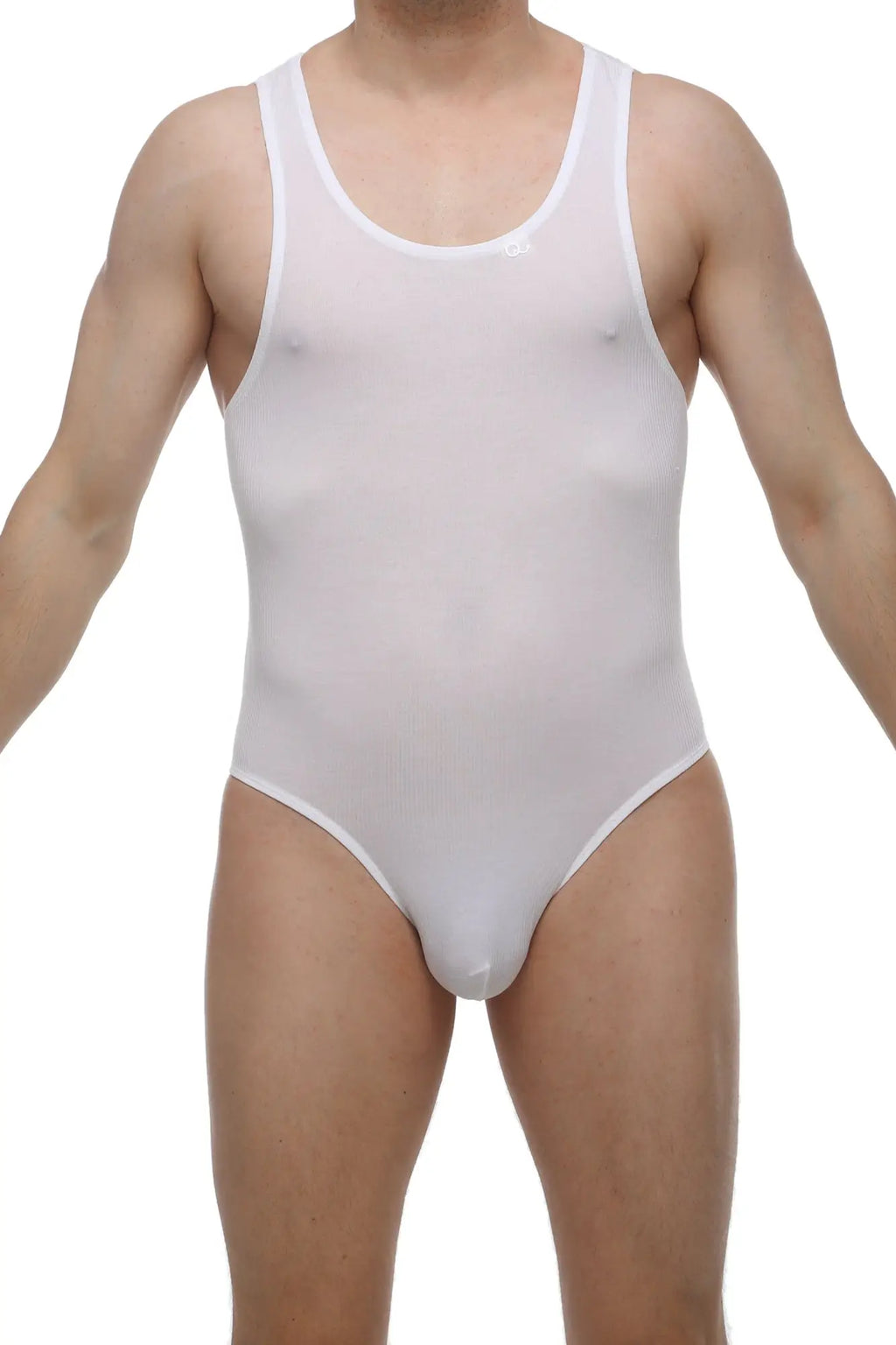 PetitQ Bodybrief Rib open white sheer mesh one-piece swimsuit with scoop neckline and high-cut legs front view