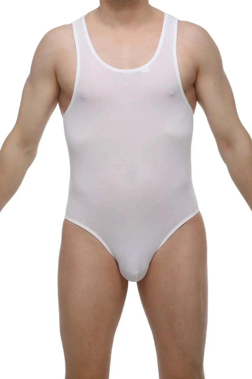 PetitQ Bodybrief Rib open white sheer mesh one-piece swimsuit with scoop neckline and high-cut legs front view