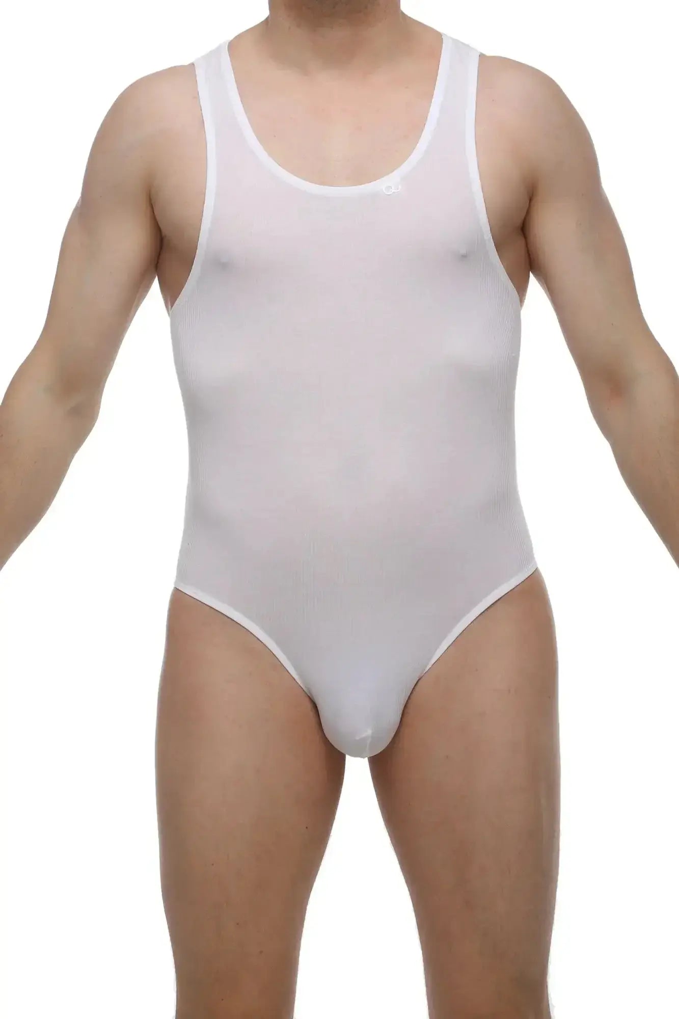 PetitQ Bodybrief Rib open white sheer mesh one-piece swimsuit with scoop neckline and high-cut legs front view