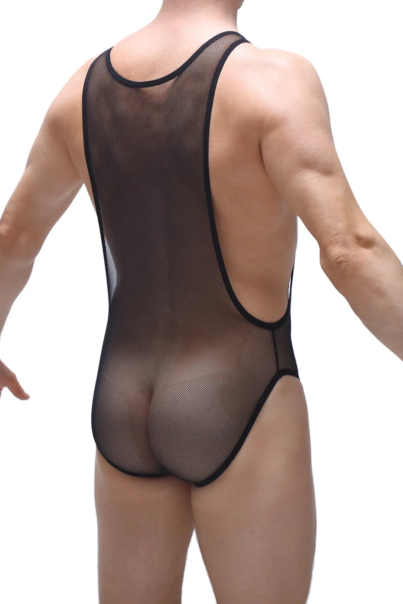 PetitQ bodybriefs mus net black black mesh one-piece swimsuit with racerback design and solid black trim back view