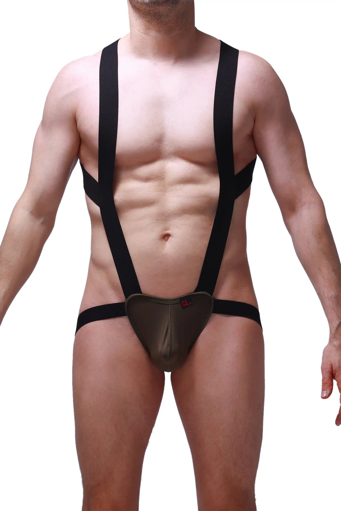 PetitQ BodyJockstrap Ardun Olive featuring black suspenders and a dark olive green contoured front pouch