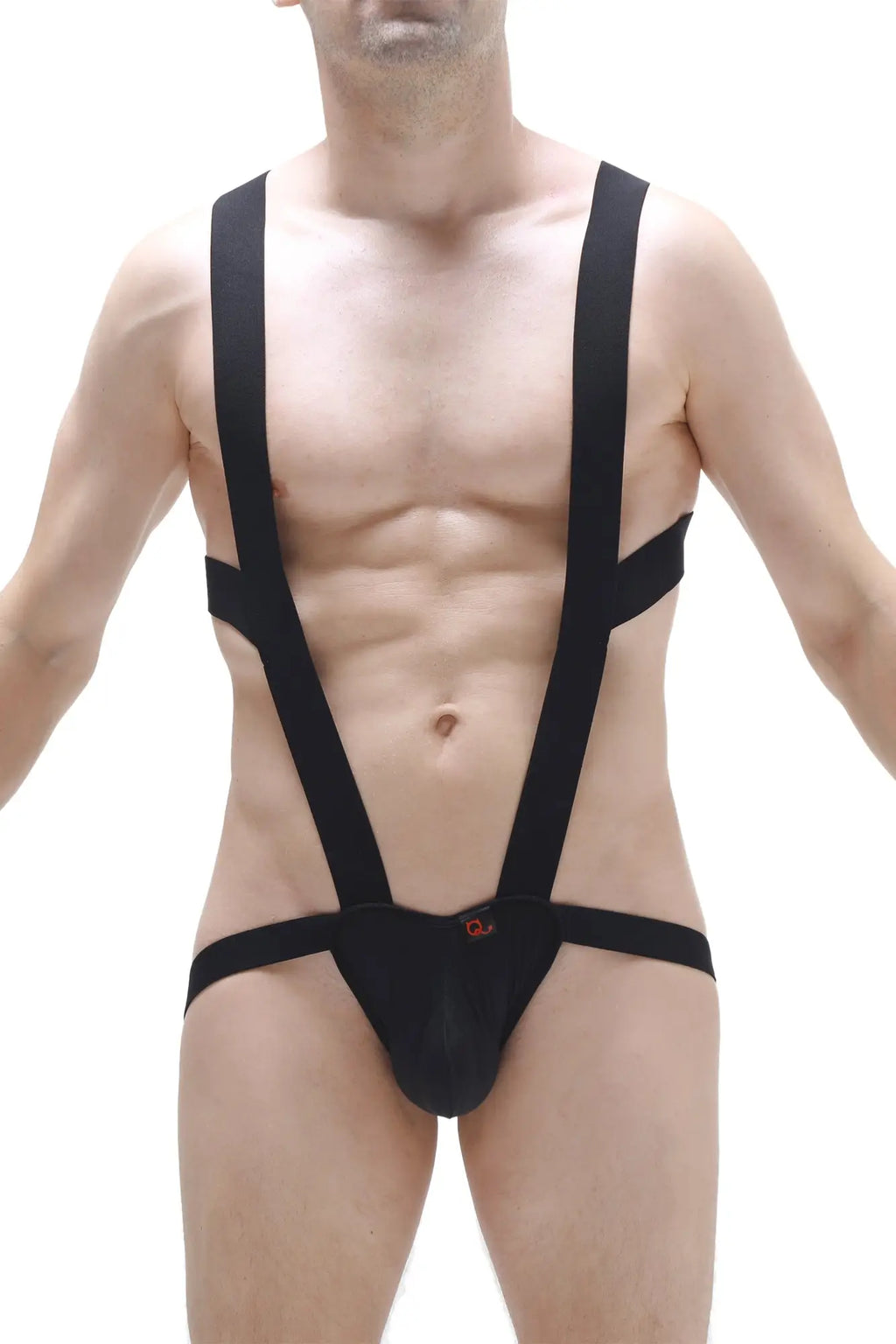 Petitq bodyjockstrap black ardun black suspenders-style bodysuit with snug fit and small red logo on front